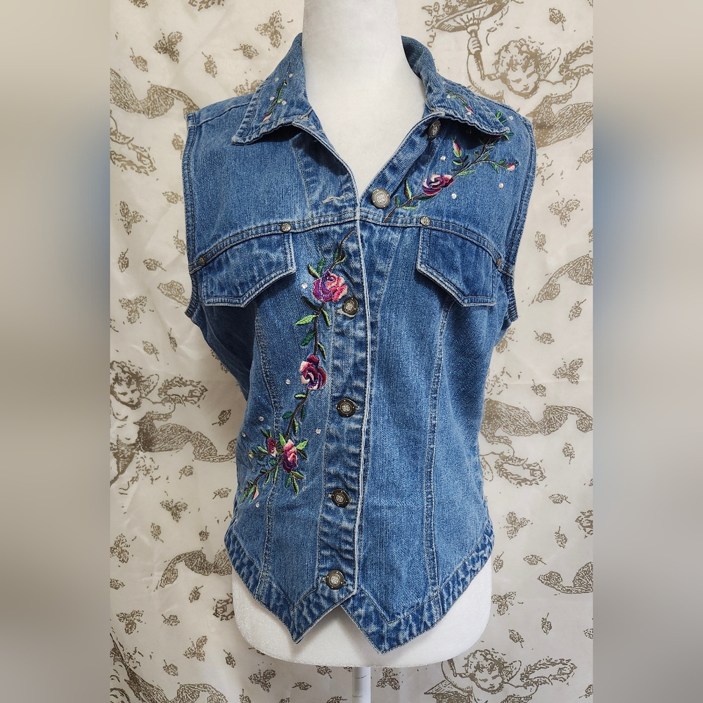Bill Bass vintage denim 90s pink floral vest